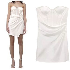 Zara Satin Effect Corset Bandeau Mini White Dress with Sheer Top and Wrap Skirt